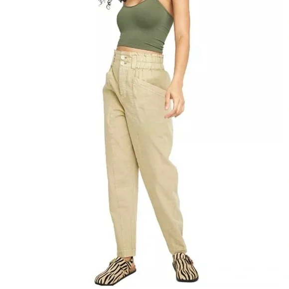 Free People Ready to Run Cinch Waist Parchment Pants Size Medium - Picture 2 of 10